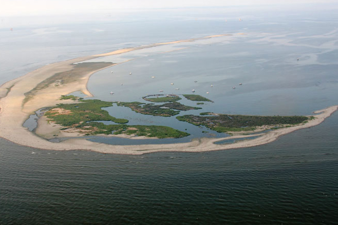 Aerial view of a barrier island.